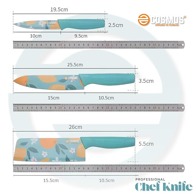 E-COSMOS® Professional 3-Piece Kitchen Knife Set - High Carbon Stainless Steel Chef, Utility & Santoku Knives with Ergonomic Blue Handles (Blue, 3 Pc Knife Set)