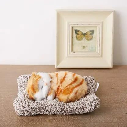 SUPER TOY Cute Sleeping Cat Plush Toy with Meow Sound, Gift for Kids Car Dashboard Accessories (Stripped Orange)