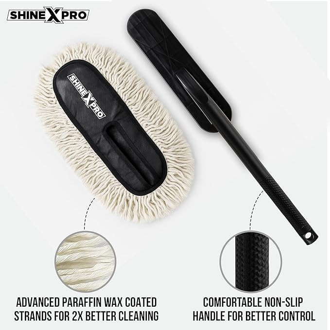 ShineXPro Car Duster - Lint-Free & Scratch-Free Car Cleaner Brush with Long Handle - Car Dust Cleaner features Paraffin Wax Coating for 2x better Cleaning Performance - Car Cleaning Brush for Exterior