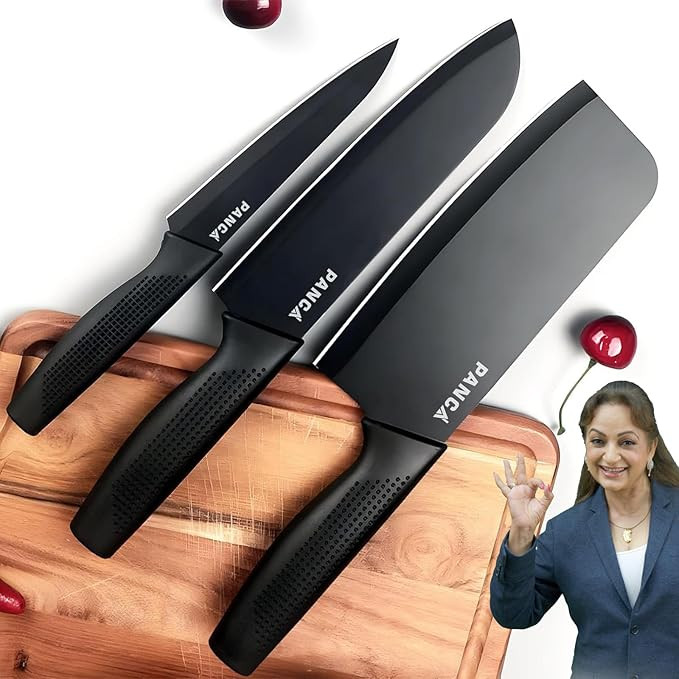 PANCA Knife Set of 3 Stainless Steel Knives for Kitchen| Sharp Edge Cutting Chef Knifes for Chopping Vegetables, Fruits, Multipurpose Knife, Kitchen Tools(Set of 3) (Black)