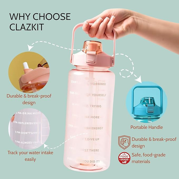 Clazkit 2L Motivational Water Bottle with Time Marker Transparent, Leak-Proof, and Break-Proof Office, School, College,Travel Bottle BPA-Free Sport Bottle Multicolor| Plastic