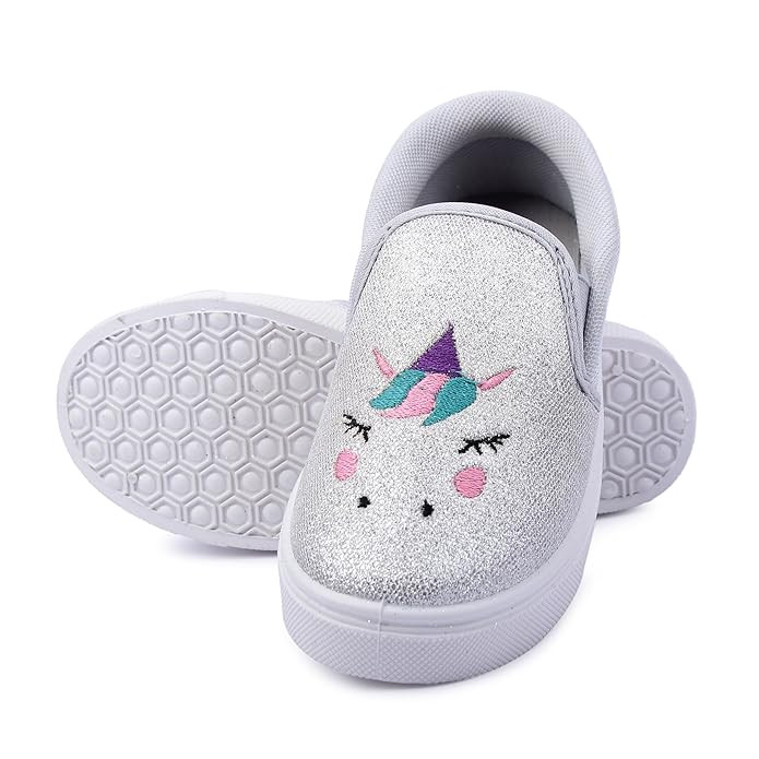 Myau Girls' Glitter Embroidery Design Slip-On Shoes, Casual Sneakers for 3-8 Years