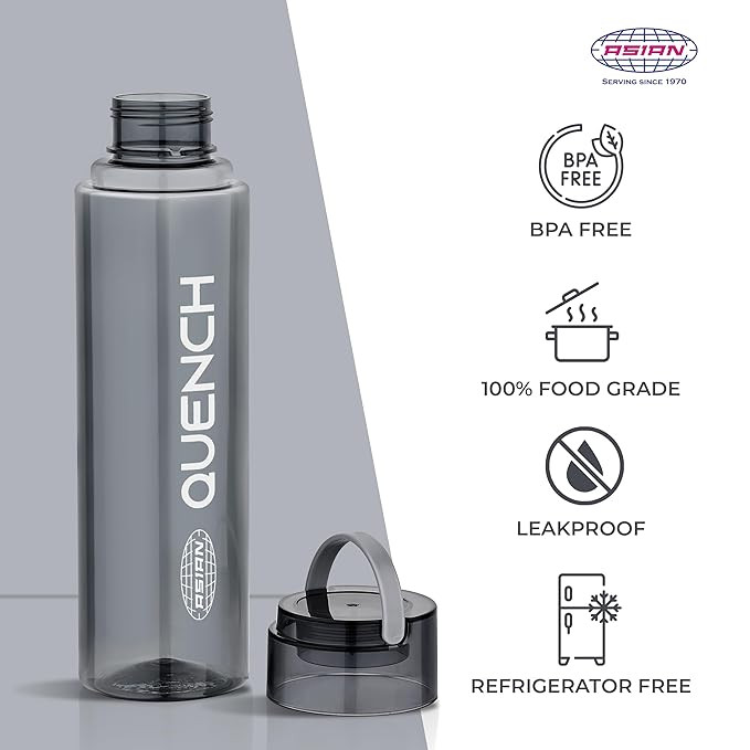ASIAN Plastowares - Quench Water Bottle - 1 Litre | Lightweight Plastic Bottle for Home, School & Office | BPA-Free, Leak-Proof, Durable & Easy-to-Carry | Fridge Bottle | Black