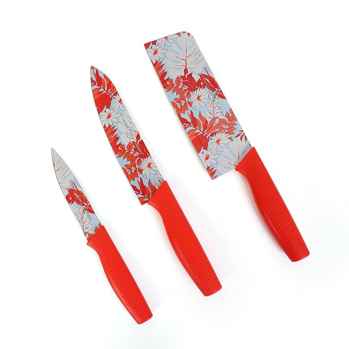 Timeless Culinary Stainless Steel Kitchen Knife, Sharp Vegetable Cutter, Chef Style & Home Essentials, Stylish Kitchen Accessories, Professional 3pcs Set, Non-Slip Handle, Red Floral Printed