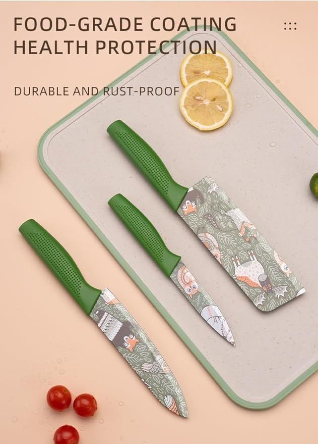 UCRAVO 3 Pcs Green Professional Kitchen Knife Set, Colorful Stainless Steel Chef Utility, Paring Knife, Razor Sharp Multipurpose Knives for Cutting Vegetables, Fruits, Bread with Non Slip Handle