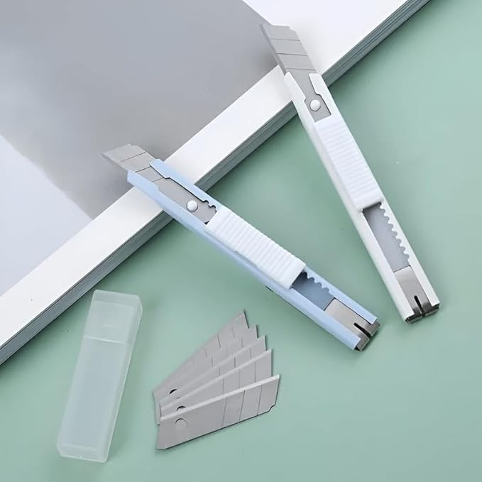 4mm Mini Cutter Knife | Pastel Shade Metal Body Design, SK5 High Carbon Steel Blades | 2 Knife in Blister Pack Including 4 Blades (Pack of 1)
