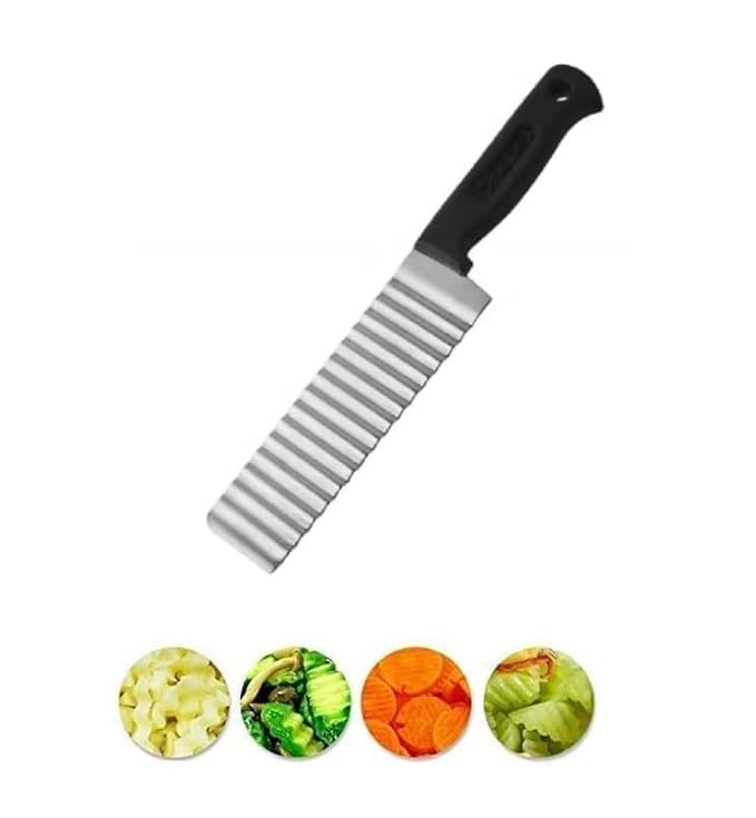 Steel Crinkle Cutter for Veggies, French Fry, Potato, Cucumber, Carrot and Fruit, Wave Fries Slicer Knife with Ergonomic Handle, Dishwasher Safe
