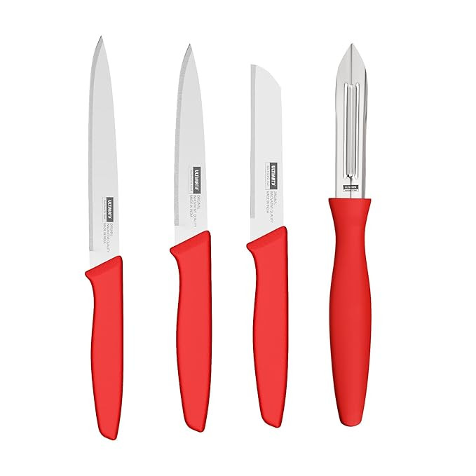 Vibrant Princess 4-Piece Knife Set with VIP Peeler, Laser Knife, Chef Knife – Red Stainless Steel Knives for Easy Cutting, Chopping, Slicing & Kitchen Meal Prep – Durable & Versatile