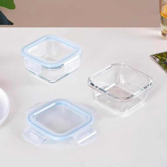 Nestasia Transparent Glass Lunch Box for Women and Men Set of 2 (300ml), Borosilicate, Microwave and Dishwasher Safe, Airtight and Leak-Proof Tiffin Containers with Safety Lock