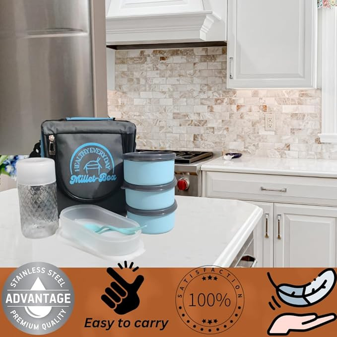 Millet Stainless Steel Lunch Box, 3 Containers with Spoon and Fork Set, 500ml Bottle, Insulated Fabric Bag, Leakproof Tiffin Box for Office, College, Picnic(300ml x 3)