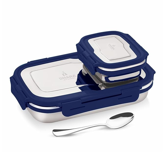 Dhara Stainless Steel Blaze Airtight Leak Proof Lunch Box with Mini Container Inside 1100 ml Navy Blue | Tiffin Container for Adults & Kids | Meal Lunch Box Set for Office, School and Travelling