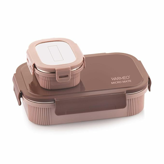 WARMEO MICROMATE Microwave-Safe Stainless Steel Lunch Box, Bpa Free, Perfect for Office, School, Travelling, Combo(800ml+150 ml), Brown