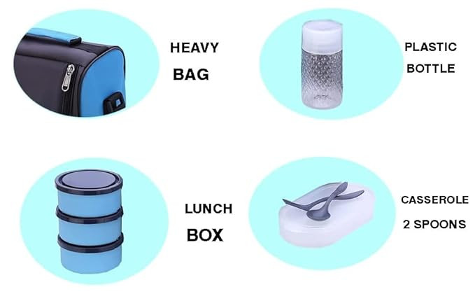 ECOMOLOGY Pack of 1 Lunch Box Stainless Steel 3 Containers Plastic lid Box, Bottle, Spoon & Fork | Insulated Fabric Bag | Leak Proof | Microwave Safe | Full Meal | Easy to Carry Tifin Box (Sky Blue)
