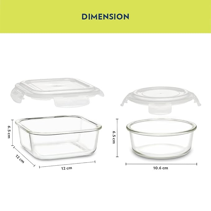 Borosil Daisy Lunchbox | 4pc (320ml x 2 Square + 240ml x 2 Round) Container Set | Made in India Borosilicate Glass | Microwave & Dishwasher Safe Tiffin for Office, College & School (Ace)