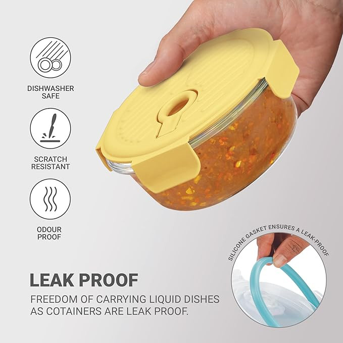 Treo by Milton Lumino Fresh Round Borosilicate Glass Lunch Box Set of 3, Yellow Lid, 400 ml Each with Lunch Bag, Microwave & Dishwasher Safe, Leak Proof Containers Office Tiffin