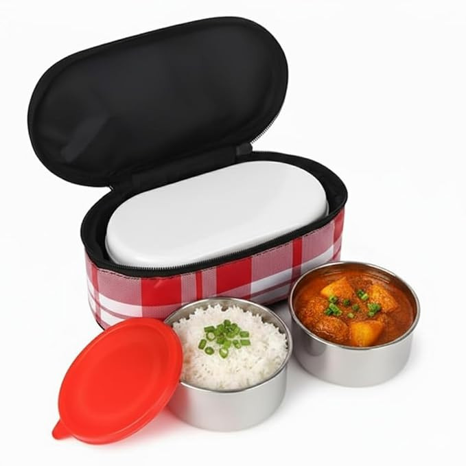 Premium 2-Container Corporate Lunch Box for Office | Stainless Steel Airtight Tiffin Set with Leak-Proof Lid & Insulated Bag | Ideal for Office, School & Travel Use (Red)