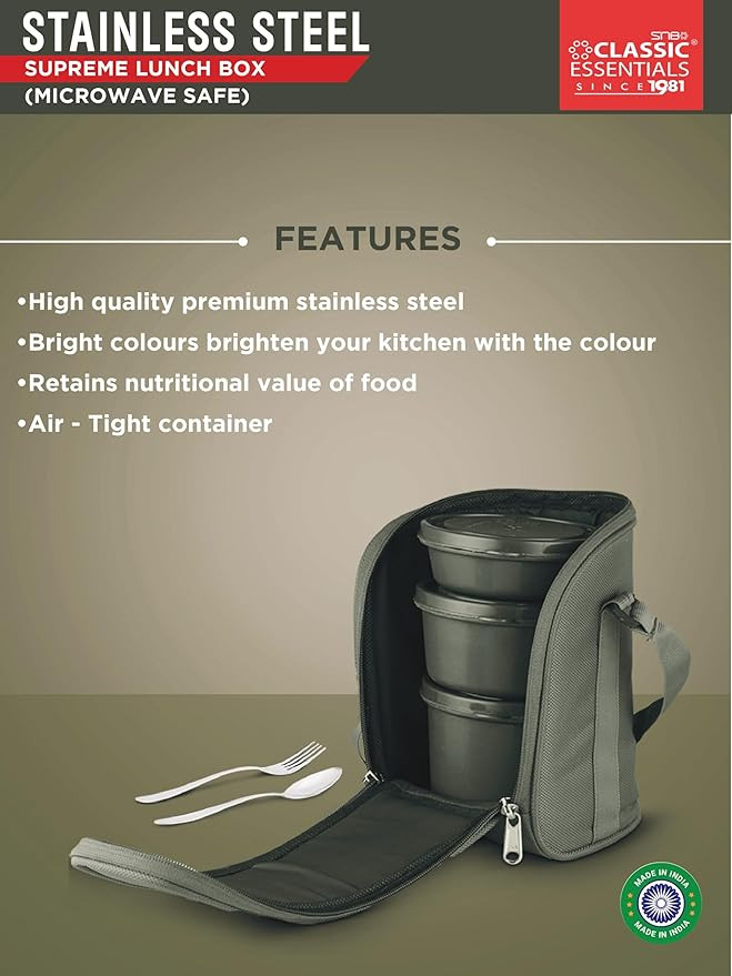 CLASSIC ESSENTIALS Supreme All in One Lunch Box with Insulated Bag | Microwave Safe Containers with Steel Inner | Leak Resistant (Without Bottle, Black, 3 Containers)