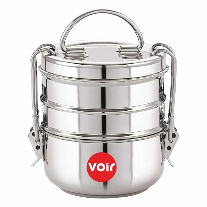 Voir Stainless Steel Lunch Box/Tiffin with Locking Clip, Hot & Cold, Compact & Durable, Perfect for Office, School, Picnic and Travel use (3 Tier - 1200ml Capacity)