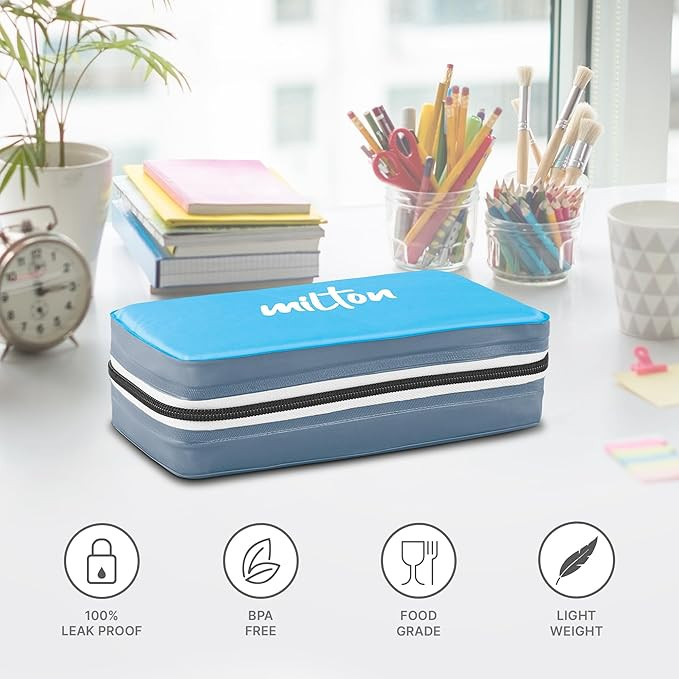 MILTON New Mini Lunch Box with Insulated Fabric Jacket, 2 Containers (2 Stainless Steel 280 ml Each, Spoon & Fork), Leak-Proof Tiffin for Office, School, College, Cyan