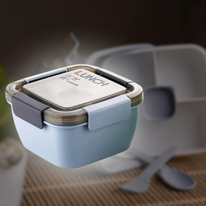 Clazkit Plastic Salad Lunch Box Container with Cutlery and Sauce Container with 5 Compartment Bento Style Tray Leak Proof Lunch Box for Food Snack Salad Home Office 1400Ml-Grey