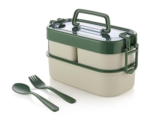 Double Decker Lunch Box | Leakproof 2-Tier Tiffin Box with Spoon & Fork | Microwave & Dishwasher Safe | Ideal for Office, School & Travel – Compact & Easy to Carry (Green)