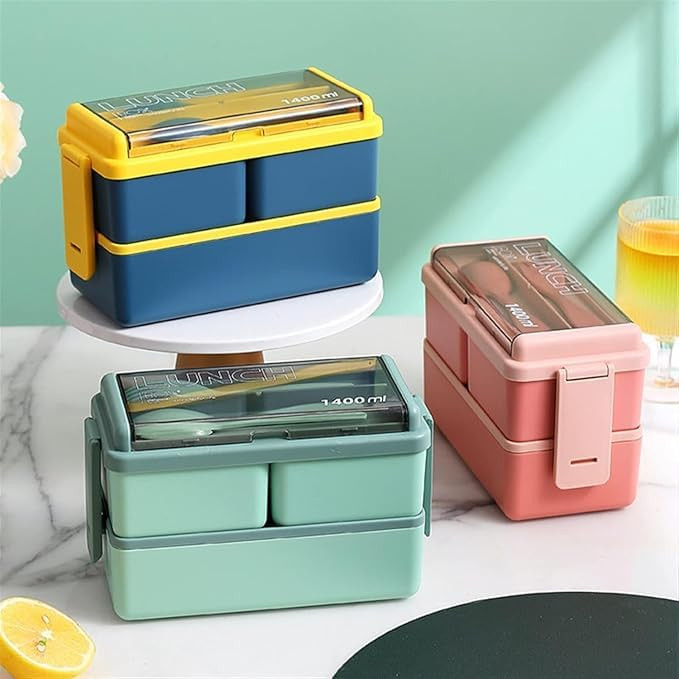 THE SR BRAND 3-Compartment Lunch Box for Office Men and Lunch Box for Kids, Portable Double-Layer Lunch Box with Cutlery and Lid,Microwave Safe Lunch Boxes (Pack of 1, Plastic), 1400 Ml (Yellow)