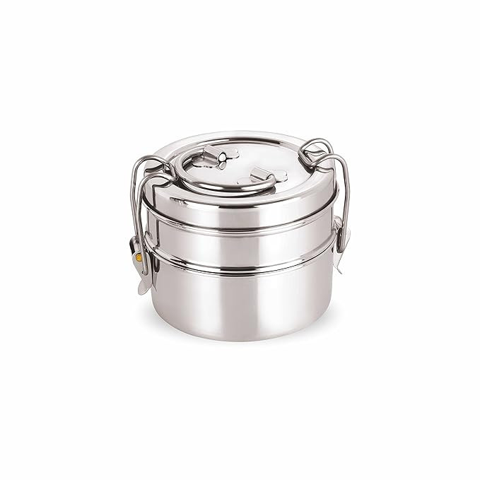 neelam Stainless Steel Lunch Box/Tiffin with Locking Clip, 2-Tier Container, 800 ml, Hot & Cold Leak-Proof, Compact & Durable, Perfect for Office, School, Picnic and Travel, Silver