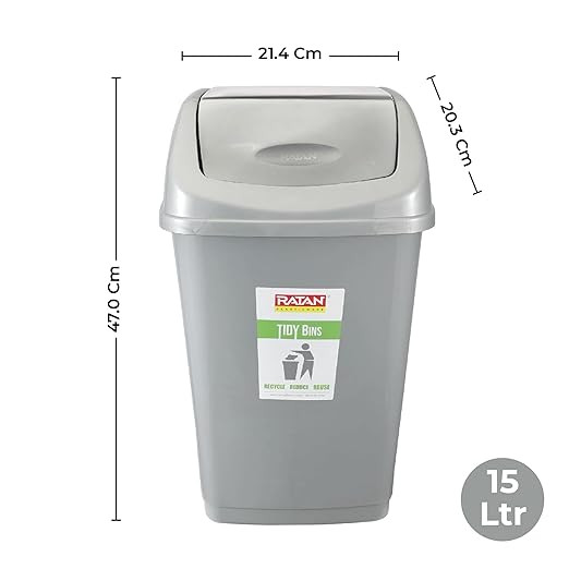 Tidy Bin with Swing Lid 15 Litres Plastic Dustbin, Trash Bin, Garbage Waste Bin For Home, Bathroom, Kitchen, Office, Bedroom Grey Color