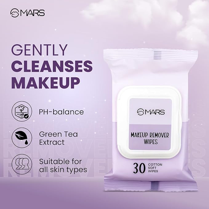 MARS Makeup Remover Wet Wipes for Face | 30 Cotton Soft Wipes | Hydrating & Refreshing | Enriched with Green Tea & Aloe Vera Extract | Soothing & Maintains pH Balance | Gentle on Skin