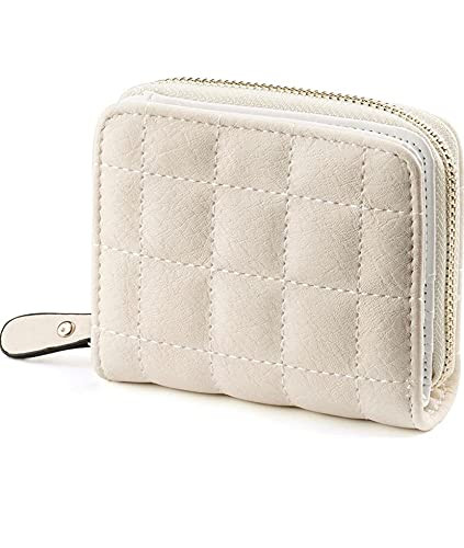 SYGA PU Leather Mini Zipper Wallet for Women, White - Checked Pattern