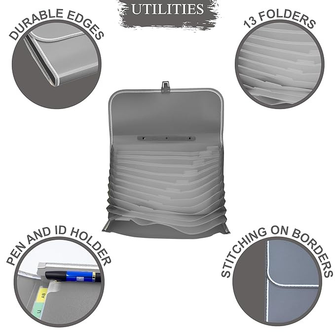 SPS 13 Pocket Expanding File Folder with Buckle Closure,Label Index and Handle for A4/Foolscap/Legal Documents (Grey)