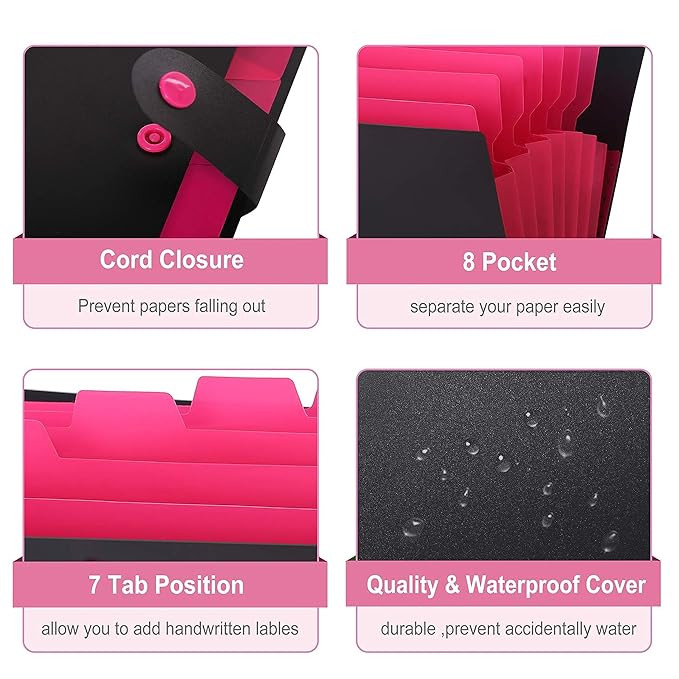 NISUN 8 Pockets File Folder, A4/Letter Size Accordion File Organizer, Expandable Document Holder, Portable Folders for Classroom,Home,Office - Black/Pink