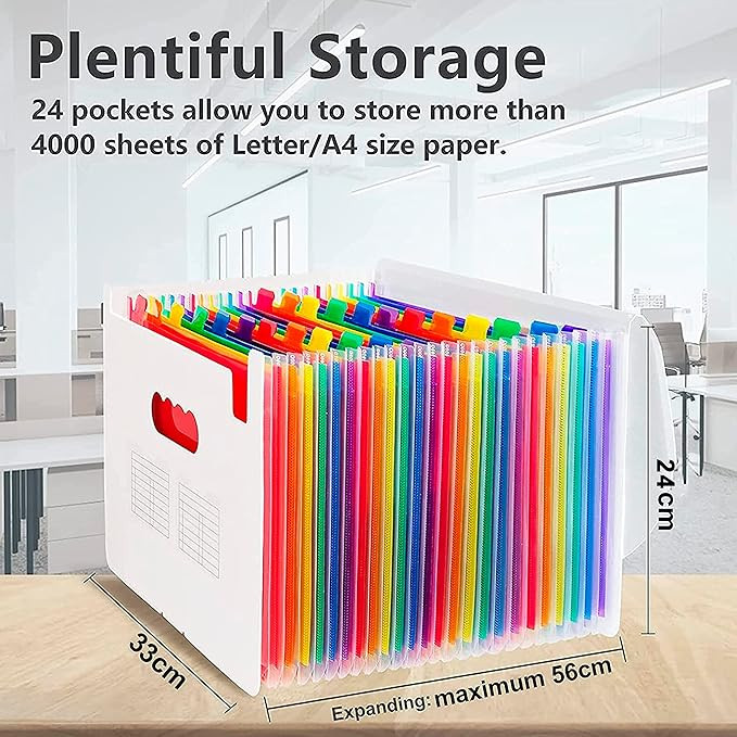 NISUN 24 Pockets File Organizer, Expanding File Plastic Letter Size with Labels, Accordion Document Organizer, Adjustable Buckle A4 Portable Document Bag (24 Pockets Expanding File Folder - White)