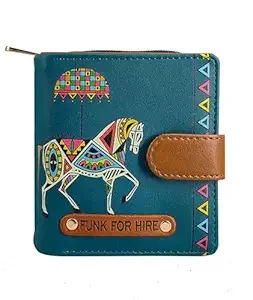 Funk For Hire Women’s Compact Wallet in Petrol Blue – Stylish Cartoon Print Leatherette Purse with Card Slots, Coin Pocket & Magnetic Closure – Handcrafted in India