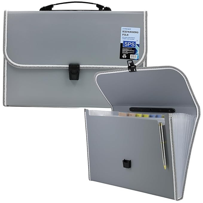 SPS 13 Pocket Expanding File Folder with Buckle Closure,Label Index and Handle for A4/Foolscap/Legal Documents (Grey)
