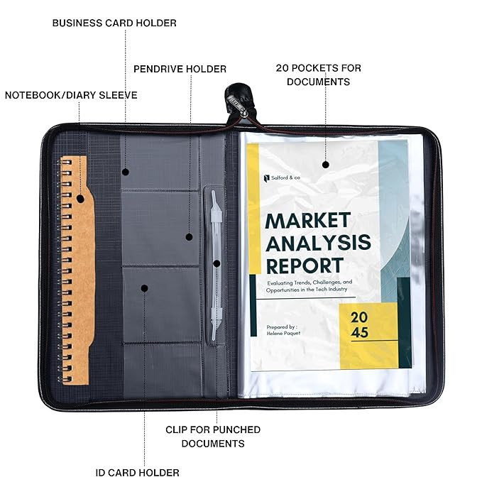 SPS Premium PU Leather File Folder | 20 Sleeves for A4 & FC Size Documents | Black