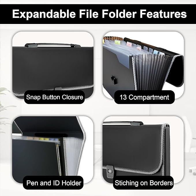 GLUN® 13 Pocket Expanding File Folder with Handle & Buckle Closure for A4 Size Documents – Portable Accordion Folder Organizer (Black)
