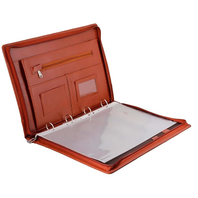 ZesTale Professional Leatherette Document File Folder Certificate Foolscap Size(Bigger Than A4 Size) 4 Ring File Folder for Documents,Portfolio Document Holder,Executive File,with 20 Leaf (Color Tan)