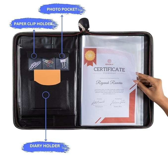 SPS PU Leather 36-Pocket A4 File Organizer – Professional Document Holder for Certificates, Legal Documents, Home, Office, School Use (Black)