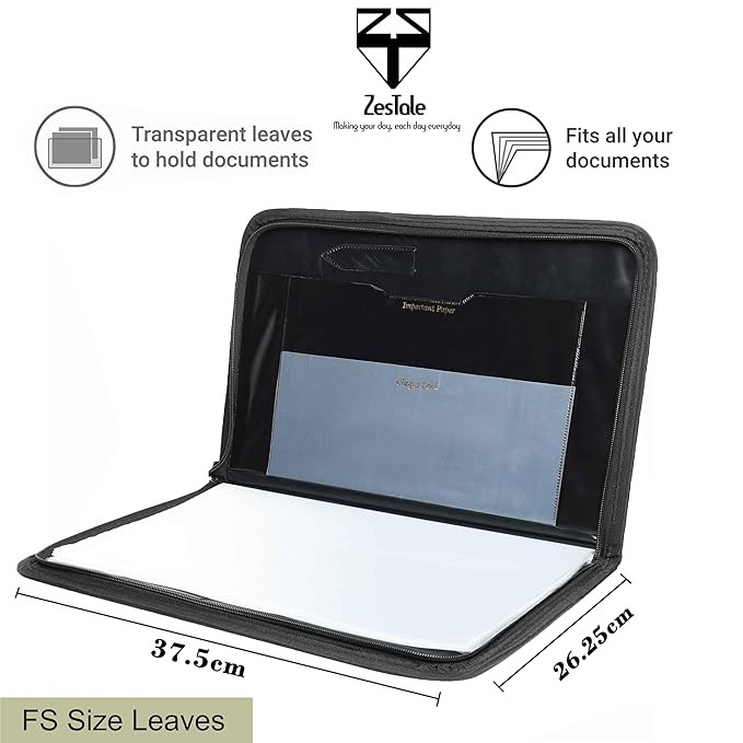 ZesTale PU Leather Multipurpose Professional File Folders for Certificates | Documents Holder | Document Bag | Portfolio Executive File Legal Size Documents Holder (20Leaves,FS) (Set of 1, Black)