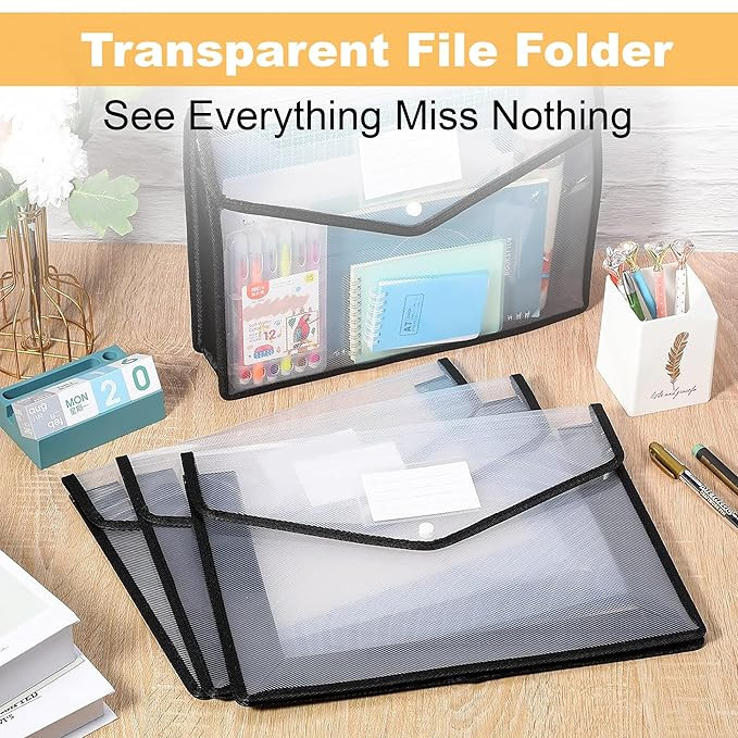 GLUN® A4 Transparent Document File Folders with Button Closure – Set of 5 Poly Envelope File Folders, Waterproof Plastic Paper Organizer for Office, School, Bills & Certificates (Black)