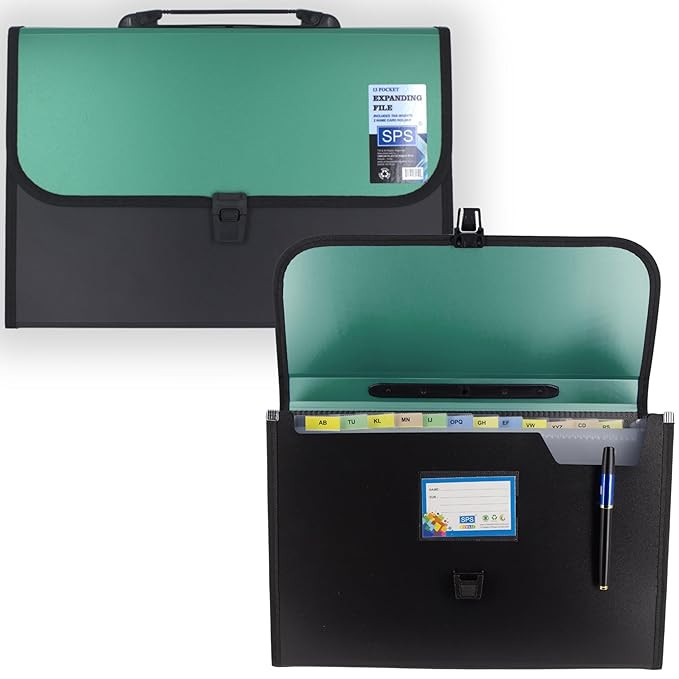 SPS 13 Pocket Expanding File Folder with Buckle Closure,Label Index and Handle for A4/Foolscap/Legal Documents (Green)