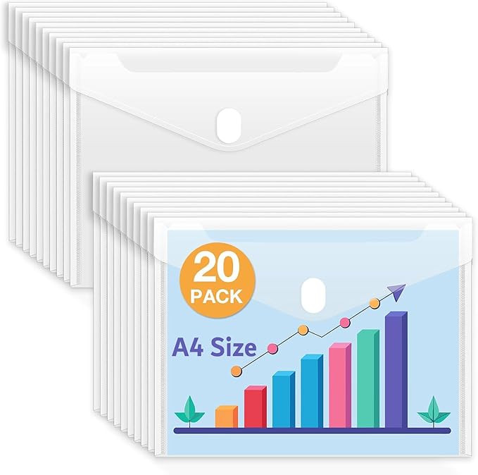 A4 Legal Side Opening Document File Bag,Transparent Envelope Holder Storage Case, Snap Button Organizer, My Clear Plastic Container White - Multipurpose (Pack of 20)