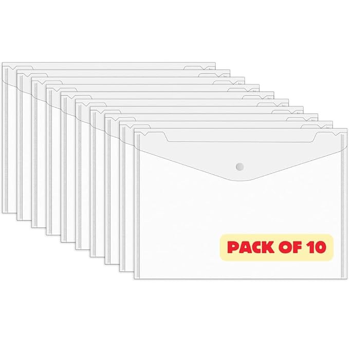 A4 Document File Clear Bag with Nametag Stickers | Transparent Document Organizer Bag | A4 Plastic Folders for Documents | Folders for Student (Transparent_Pack_of_10)