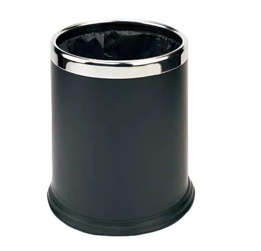 Round Open Top Dustbin, Black Leather with Iron Construction, Chrome Rim, 8L Capacity, Best for Home, Office and Kitchen