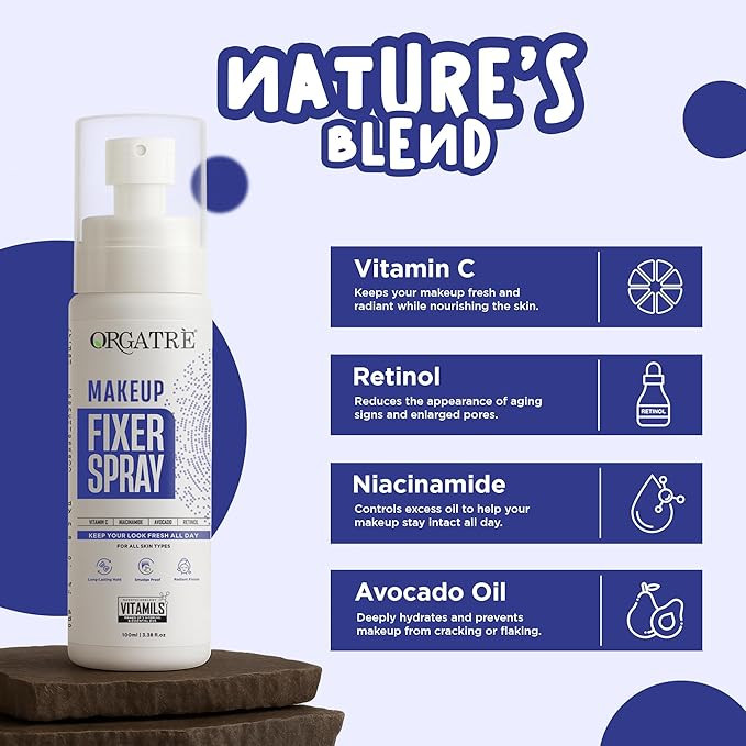 Orgatre Makeup Fixer Spray Waterproof | Long-Lasting for Face | Smudge-Proof Hydrating Finish | With Vitamin C & Niacinamide | Glow After Makeup | For All Skin Types | 100ml