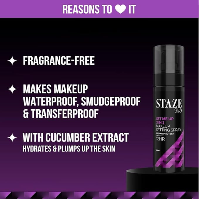 Staze 9to9 Set Me Up Makeup Setting Spray | 3 In 1 Prep + Fix + Refresh & Locks Makeup | for 12Hrs long lasting | Mattifying & Non-sticky | Hydrating & Absorbs Instantly | All skin types | 100 ml