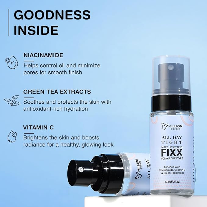 Makeup Fixer Spray 60ml | Dewy Setting Spray for Long-Lasting Makeup | Ideal for Dry & Oily Skin | Hydrating, Soothing & Refreshing | Waterproof, Sweatproof & Matte Finish