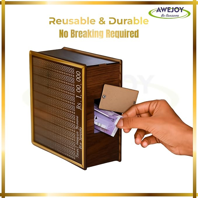 ₹1,00,000 Wooden Piggy Bank Money Saving Box | Piggy Box with Denomination Grid & Marker | Wooden Savings Bank for Adults & Kids | Removable Bottom Panel for Easy Cash Access