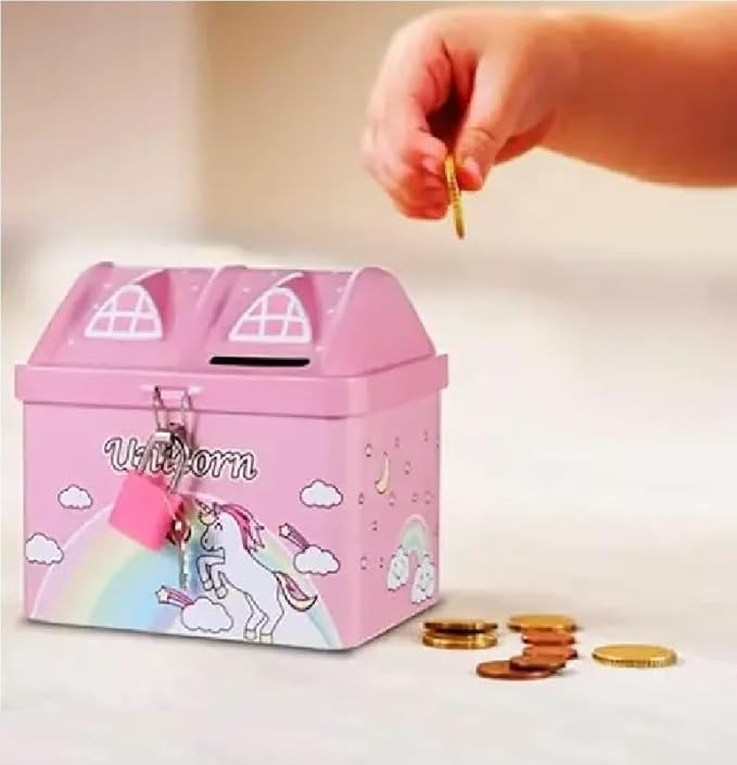 Unicorn Printed Hut Shape Coin Bank Piggy Bank for Kid with Lock & Key Money Saving Storage Bank for Children Coin Collection Box for Girl Small Saving Box for Boys (L, 1, Count)